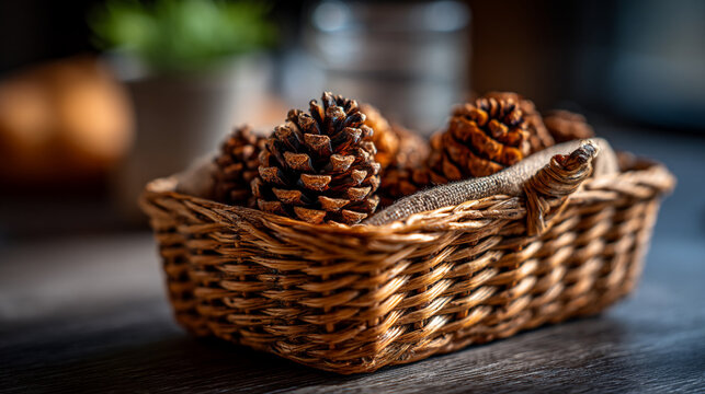 Wicker basket filled with pinecones on a dark rustic surface pinecones decoration seasonal