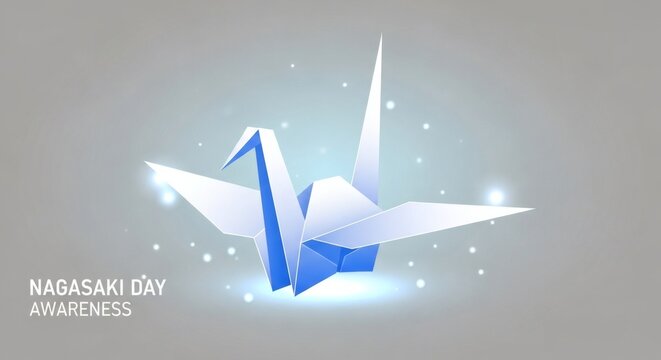 Glowing blue origami paper crane representing peace, remembrance, resilience and Nagasaki Day humanitarian tribute
