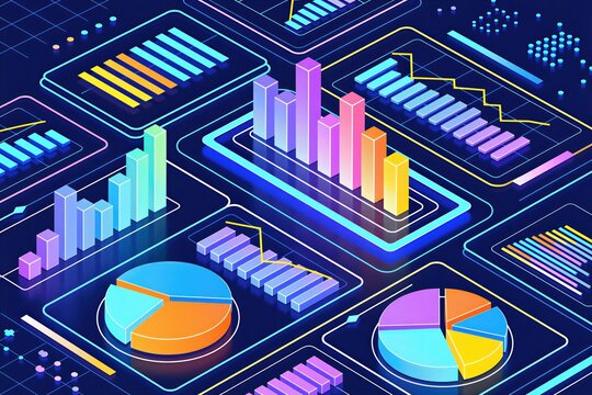 Digital interface displays colorful data visualization charts with bar graphs, pie diagrams on dark background. Abstract futuristic tech dashboard shows financial analytics statistics performance