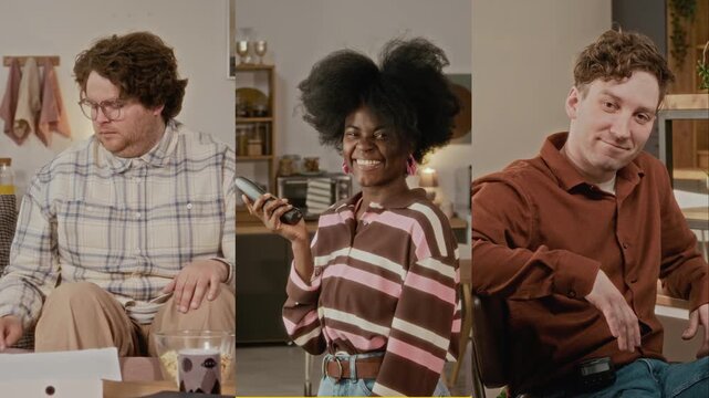 Split screen portraits of diverse Caucasian and African American young adults, using remote control, talking on phone, and turning from computer. Video is ideal for telecom or lifestyle ads
