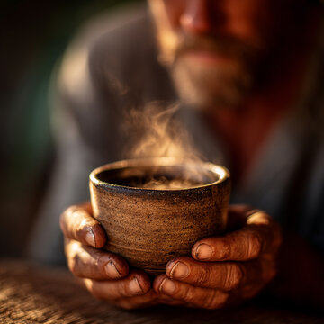 Man holding a steaming ceramic mug of hot beverage with beverage breakfast relaxing caffeine