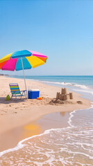 Obraz premium Summer vacation setup with colorful umbrella, beach chair, and sandcastle on sandy shore. Recreational equipment for family trip near ocean waves.