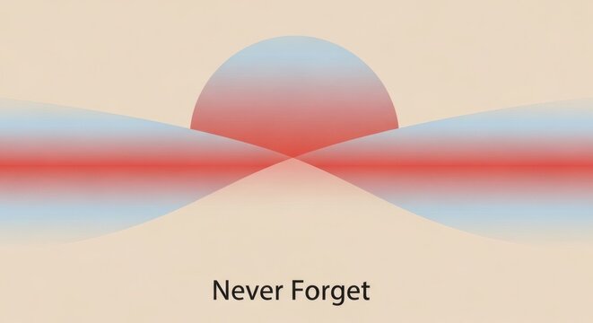 Minimal Never Forget memorial landscape with rising sun symbolizing remembrance, peace, hope and historical reflection