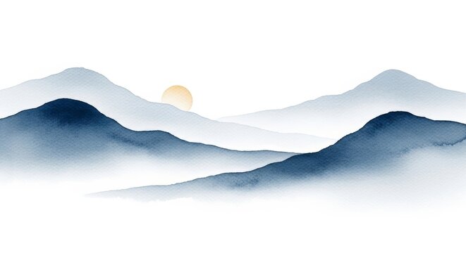 Landscape with blue watercolor mountains and a golden sun. Minimalist art representing a serene sunrise or sunset. Traditional zen style wallpaper for calm and peaceful interior design.