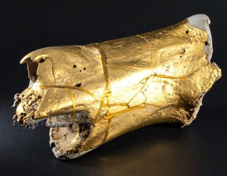 Fragmented bone art adorned with golden repairs, highlighting past breaks