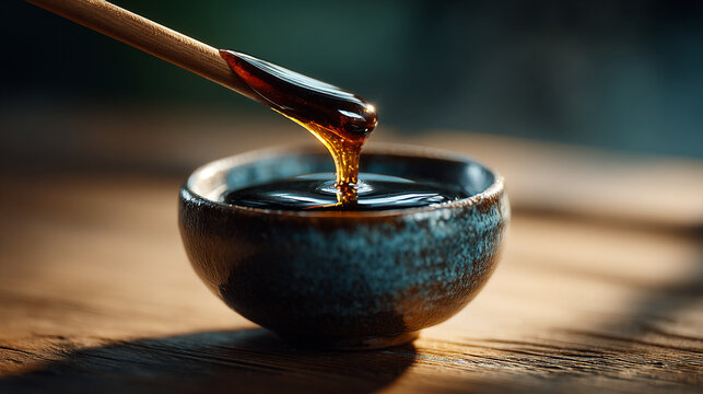 Thick golden honey pouring from wooden dipper into small ceramic bowl with culinary, ingredient