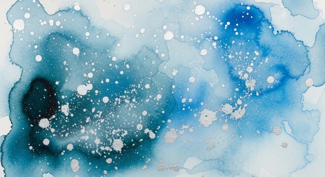 Abstract watercolor painting in blue with silver metallic ink splatter. Artistic background texture for creative design. Hand drawn art with fluid ink wash and festive splash effect.