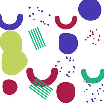 Colorful abstract geometric shapes pattern with memphis style elements and playful dots