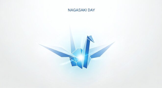 Minimal blue origami crane illustration symbolizing Nagasaki Day remembrance, peace, hope and humanitarian awareness