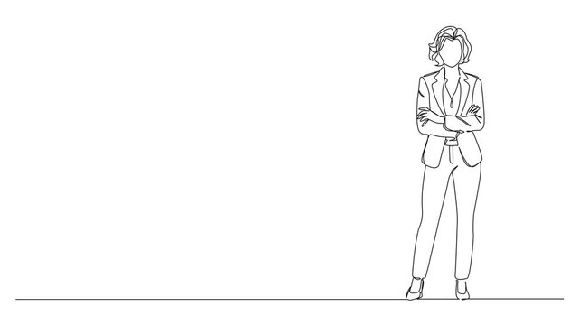 animated continuous line drawing of a confident businesswoman standing with arms crossed, line art animation