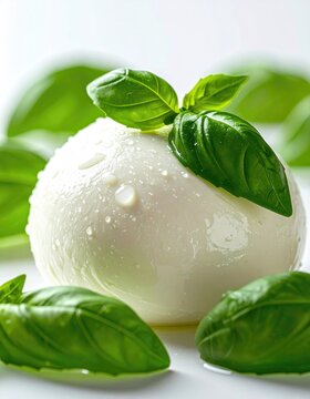 Creamy white orb of fresh cheese adorned with vibrant green basil leaves