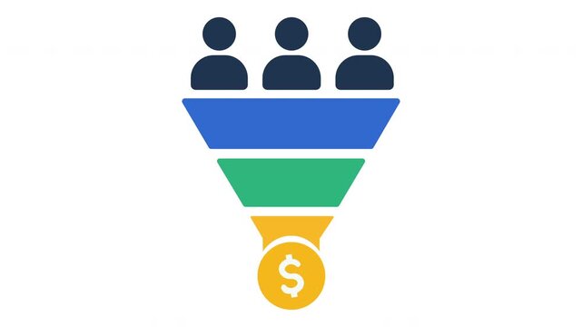 Funnel converting customer avatars into dollar coins, sales funnel and lead generation flat vector motion graphics animation video