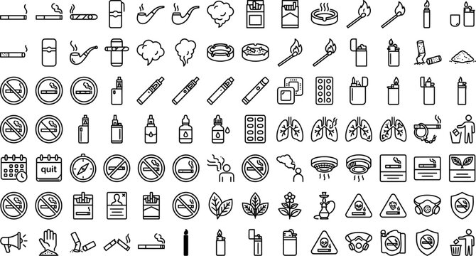 Smoking and vaping icons set black line art vector
