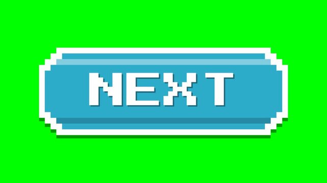 Pixelated blue next button with white border on green screen background.
