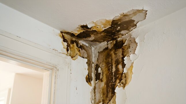 Severe water damage and mold growth on residential interior corner ceiling