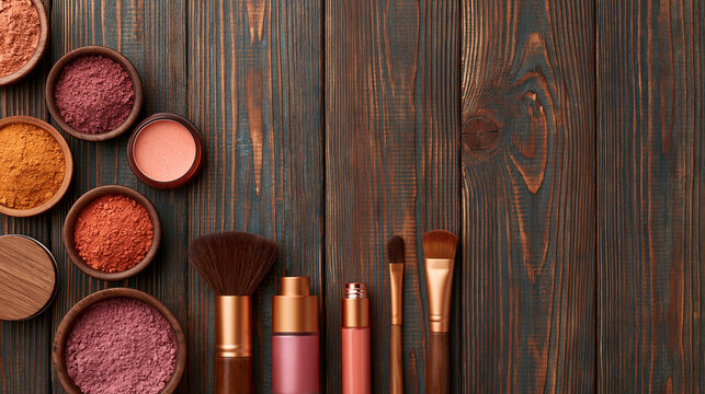 Flat lay composition of organic cosmetics powders and makeup brushes on dark wooden background.