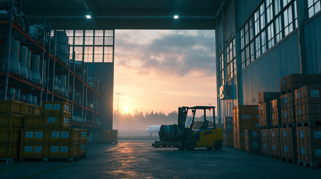 Forklift moving turbine engine in open warehouse hangar with aircraft visible at sunset.