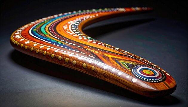 An intricately painted wooden boomerang with vibrant, tribal-inspired patterns
