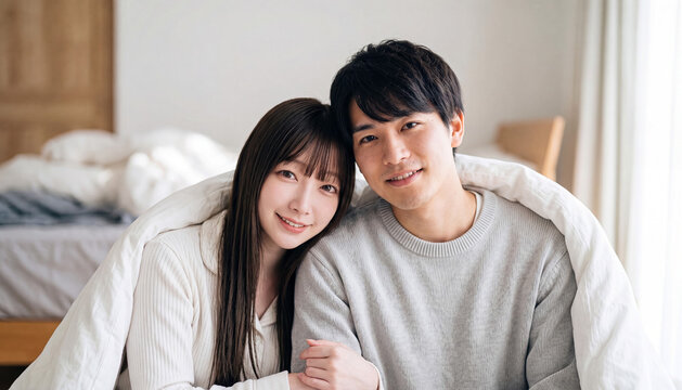Happy young Japanese couple sitting together under a white blanket in a cozy bedroom, enjoying a warm and peaceful morning moment at home