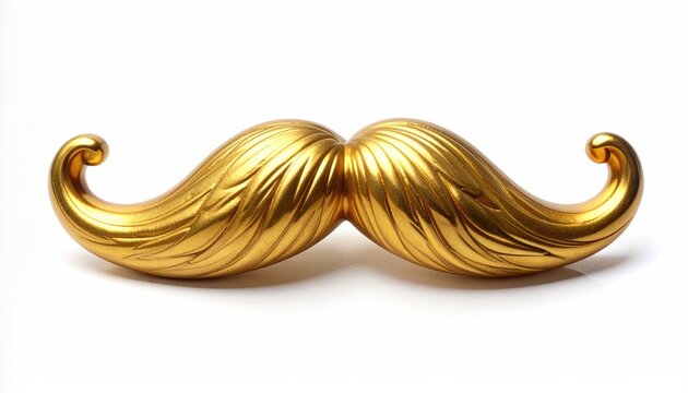 Gleaming golden mustache ornament, smooth metallic curves, isolated on white