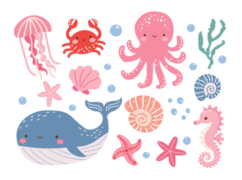 Cute ocean animals collection with whale, octopus, jellyfish, seahorse, crab, shells and starfish. Playful underwater animals vector set for nursery, stickers, cards and kids design.