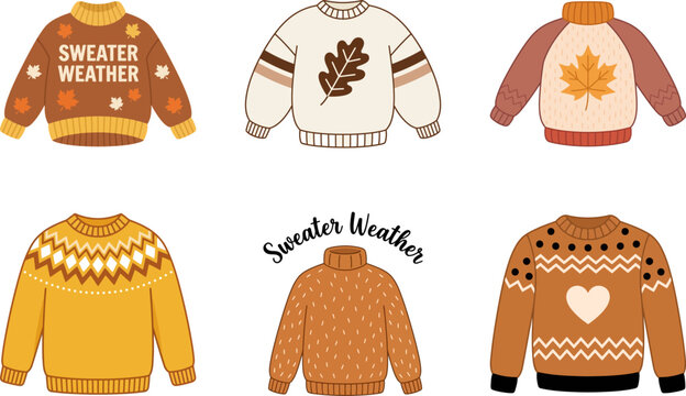 Set of cozy autumn sweaters with warm patterns and fall leaf designs for seasonal clothing style Vector