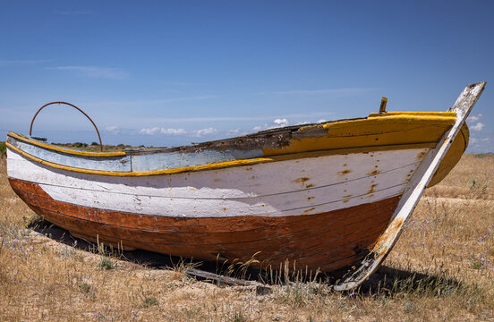 Old painted fishing boat, Culatra Island, Ria Formosa Natural Park, Olh&atilde;o, Algarve, Portugal