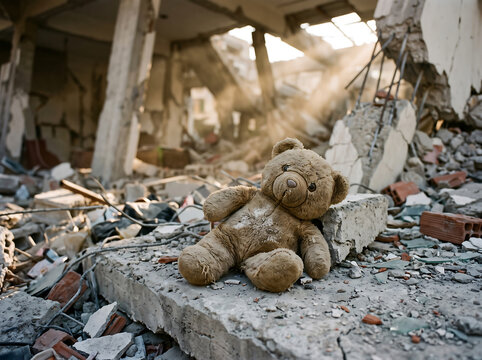 A worn teddy bear lies abandoned on a concrete slab surrounded by the wreckage and debris of a building destroyed by a catastrophic event