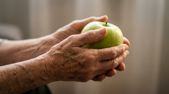 Close up of wrinkled hands of elderly person tenderly holding a fresh green apple for healthy aging concept