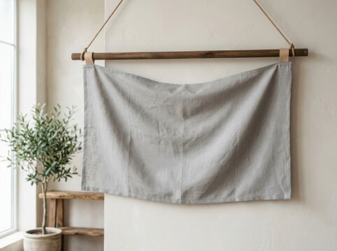 Empty grey fabric banner hanging on a wooden rod with a small green plant in a bright modern room interior