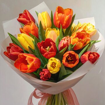 A vibrant bouquet of red, orange, and yellow tulips, elegantly wrapped