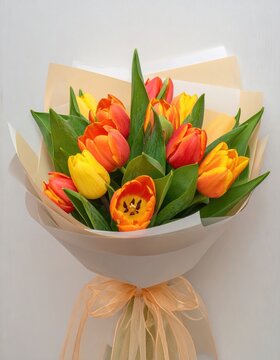 Vibrant orange and yellow tulips in a soft-wrapped bouquet with a ribbon