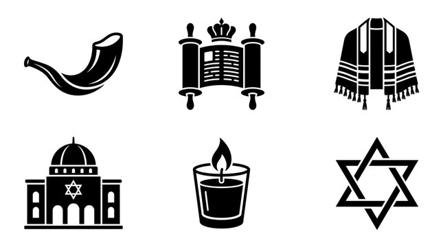 Yom Kippur silhouette symbols, shofar horn, Torah scroll, prayer shawl, synagogue, memorial candle, Star of David, exactly six symbols only