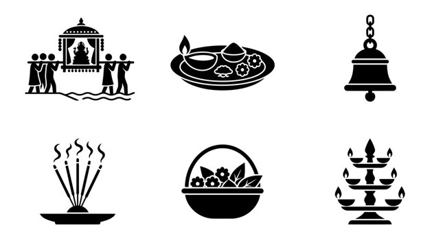 Anant Chaturdashi celebration silhouette symbols, immersion procession, ritual tray, temple bell, incense holder, flower basket, oil lamp stand, exactly six symbols only