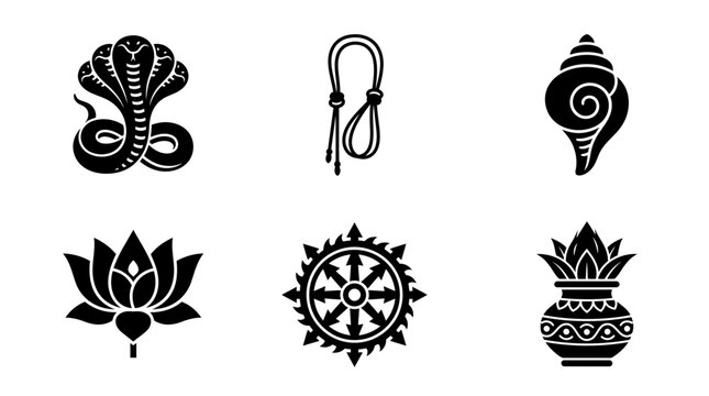 Anant Chaturdashi silhouette symbols, Ananta serpent, sacred thread, conch shell, lotus flower, Vishnu chakra, kalash pot, exactly six symbols only