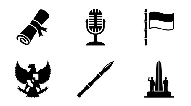 Indonesia Independence Proclamation silhouette symbols, proclamation manuscript scroll, vintage microphone, Indonesian flag on bamboo pole, Garuda emblem silhouette, bamboo spear, Independence Monumen