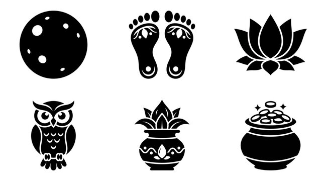 Kojagari Lakshmi Puja silhouette symbols, full moon, Goddess Lakshmi footprints, lotus blossom, owl, overflowing kalash pot, sacred coin vessel, exactly six symbols only