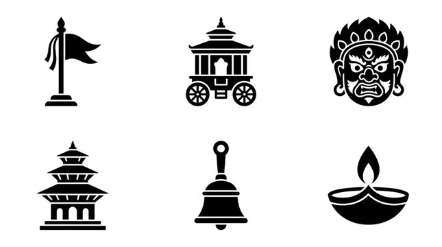 Indra Jatra silhouette symbols, Indra flag pole, Kumari chariot, Bhairav mask, pagoda temple, ritual bell, oil lamp, exactly six symbols only