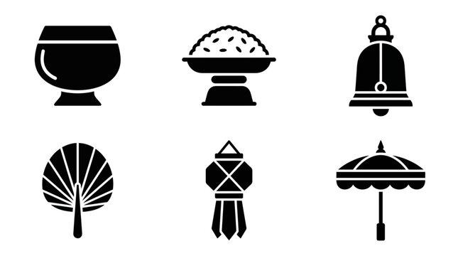 Pchum Ben celebration silhouette symbols, monk alms bowl, rice offering tray, temple bell, palm leaf fan, Khmer lantern, ceremonial umbrella, exactly six symbols only