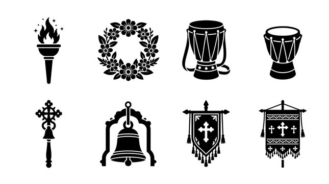 Meskel celebration silhouette symbols, ceremonial torch, flower wreath, traditional drum, prayer staff, church bell, festival banner, exactly six symbols only