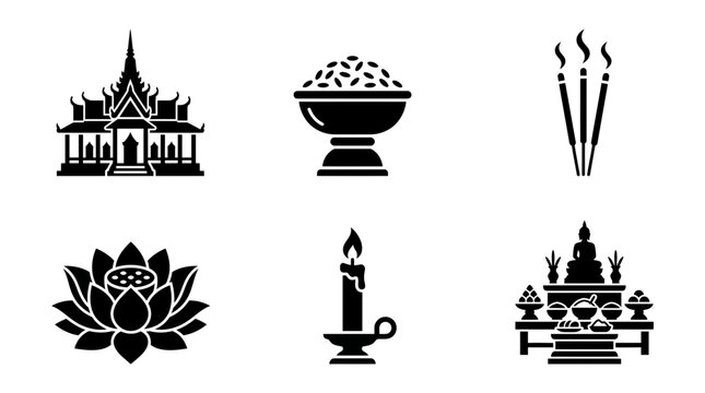 Pchum Ben silhouette symbol, pagoda, offering bowl, incense sticks, lotus flower, prayer candle, ancestor altar, exactly six symbols only