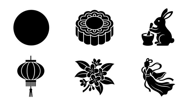 Mid-Autumn Festival silhouette symbols, full moon, mooncake, jade rabbit, lantern, osmanthus flower, Chang'e silhouette, exactly six symbols only