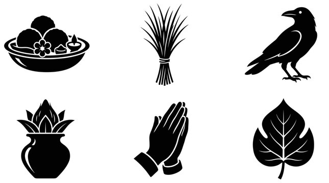 Pitru Paksha silhouette symbols, pind daan offering, kusha grass bundle, sacred crow, water pot, prayer hands, banyan leaf, exactly six symbols only