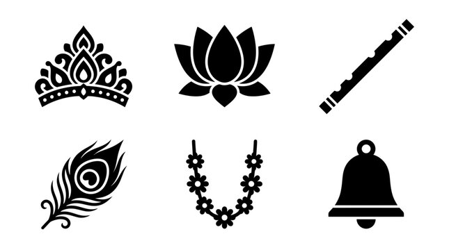 Radhashtami silhouette symbols, Radha crown, lotus blossom, flute, peacock feather, sacred garland, temple bell, exactly six symbols only