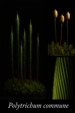 Botanical reference tracing Polytrichum commune from vegetative growth to spore capsule structure