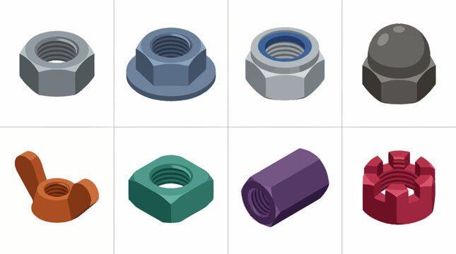 Assorted metal fasteners and hardware components on display.
