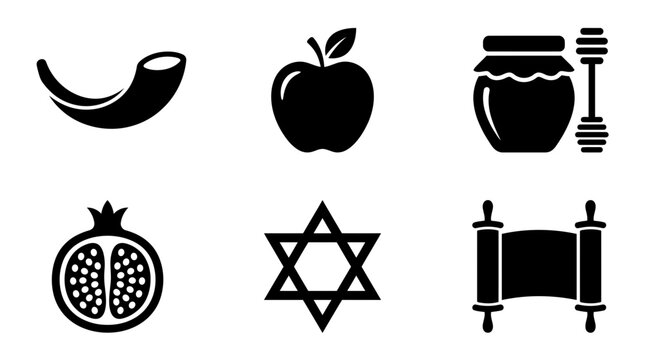 Rosh Hashanah silhouette symbols, shofar horn, apple, honey jar, pomegranate, Star of David, Torah scroll, exactly six symbols only