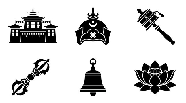 Thimphu Tshechu silhouette symbols, Bhutanese monastery, Guru Rinpoche hat, prayer wheel, vajra, monastery bell, lotus flower, exactly six symbols only