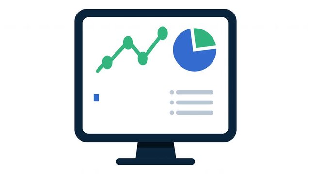 Computer monitor screen displaying growth chart and pie chart, business data analytics dashboard flat vector motion graphics animation video