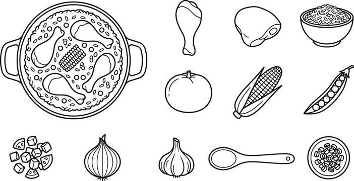 Arroz con Pollo Chicken Rice Casserole Vector Layout with Chicken Drumstick, Thigh, Pea Pod, Tomato, Corn Cob, Onion, Garlic, and Wooden Spoon Outlines